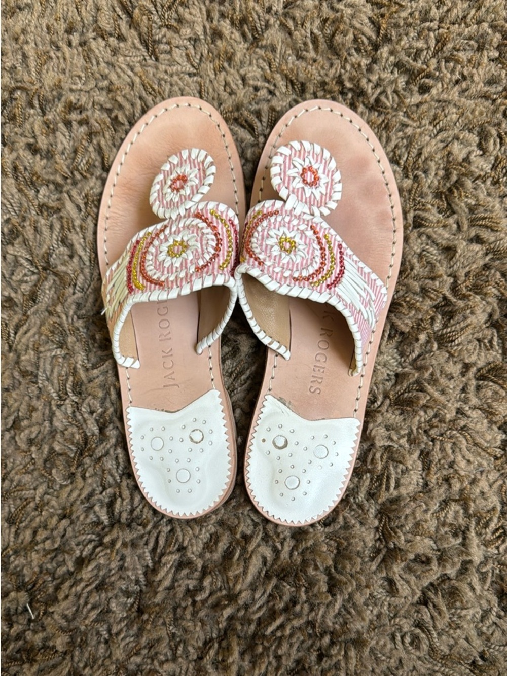 Jack Rogers leather pink, white, and gold beaded thong sandals. Size 6
